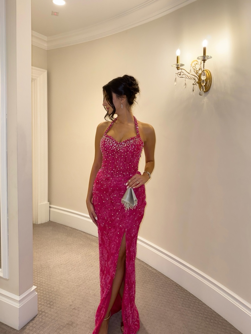 Tabja Beaded Halter Maxi Dress in Fuchsia - Women Dresses